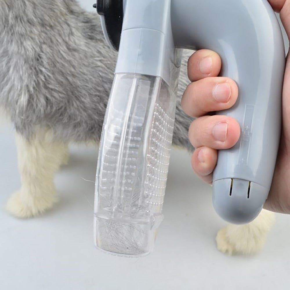 Electric pet hair remover device for cats and dogs with portable cordless design, shown in a modern living room with a golden retriever nearby.