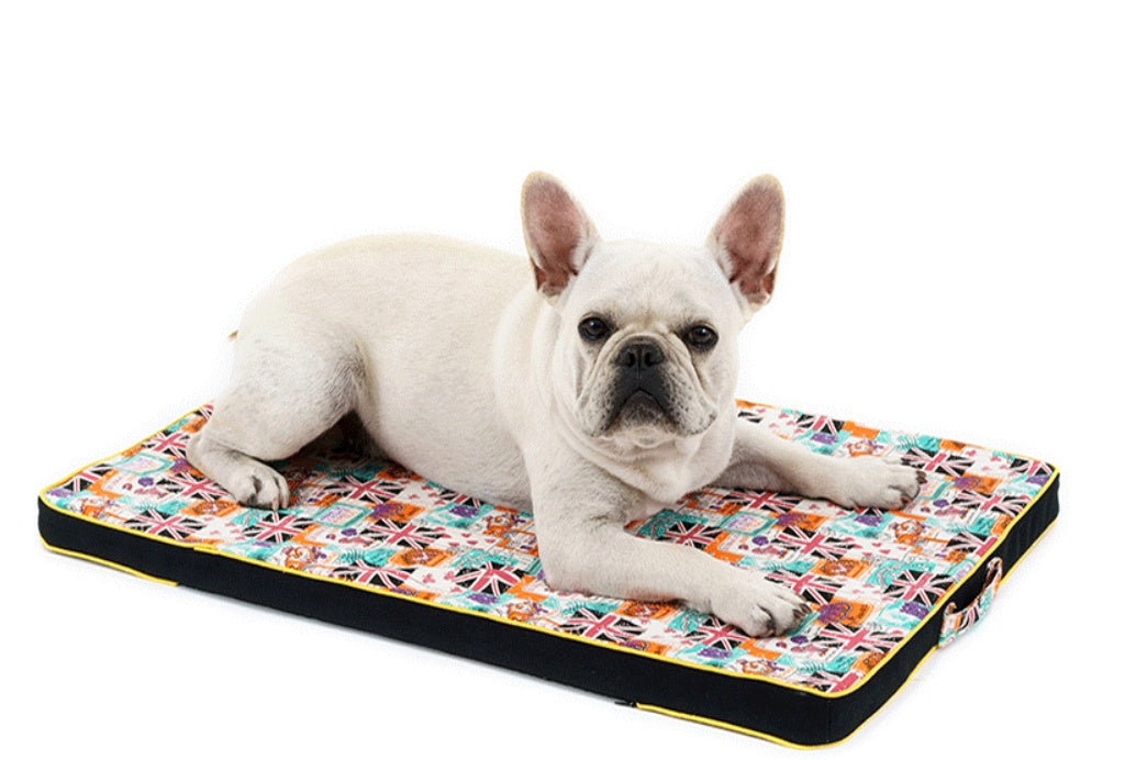 Thickened pet printing canvas dog bed mat with colorful flag pattern, featuring high-resilience liner and approx. 3.3cm thickness for comfort.