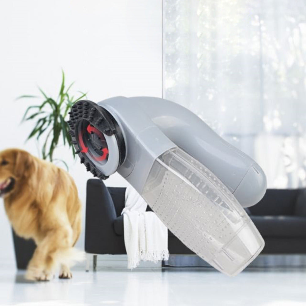 Electric pet hair remover device for cats and dogs with portable cordless design, shown in a modern living room with a golden retriever nearby.