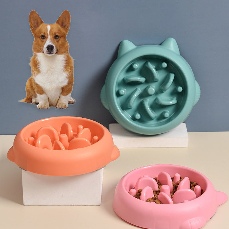 Pet Dog Cat Slow Feeder Bowls in pink, orange, and teal with anti-choking design for slow eating and bloat prevention at home.