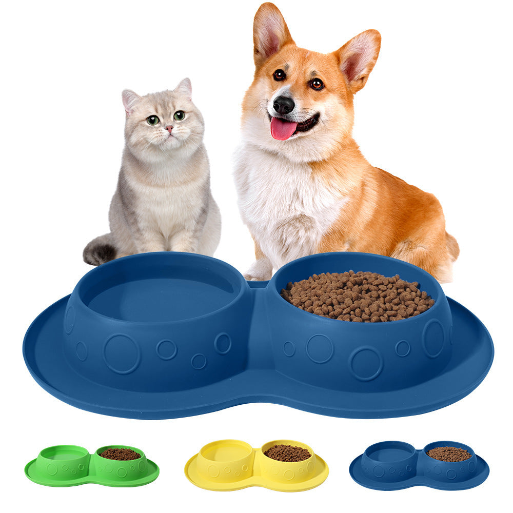 Pet Supplies Custom Non Slip Waterproof Silicone Water Food 2 In 1 mat pad with dual bowls in blue, shown with a cat and dog. Ideal for mess-free feeding.
