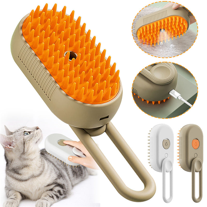 Cat Steam Brush Steamy Dog Brush 3 in 1 Electric Spray Cat Hair Brush shown grooming a gray tabby cat with massage and hair removal features.