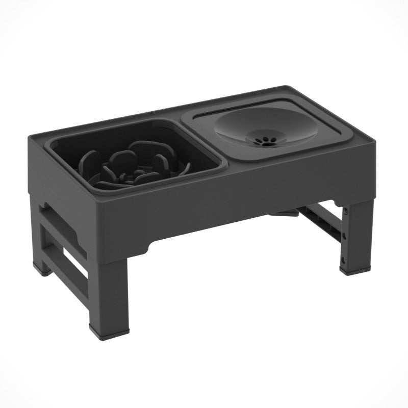 Adjustable height dog double bowls with stainless steel stand, ideal for feeding large dogs. Includes food and water dishes in a modern living room.