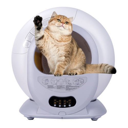 Self-cleaning litter box with automatic scooping and deodorization featuring a round design and digital control panel, shown with a cat inside.