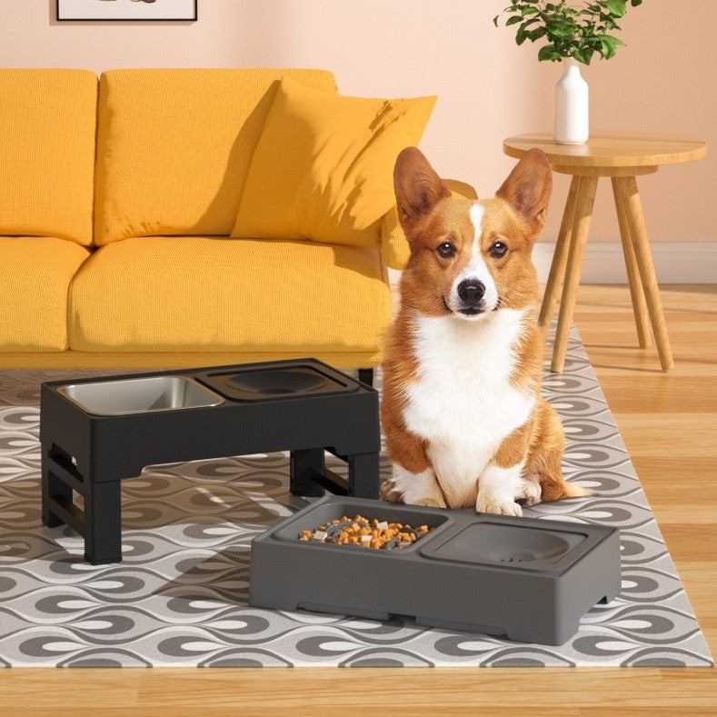 Adjustable height dog double bowls with stainless steel stand, ideal for feeding large dogs. Includes food and water dishes in a modern living room.