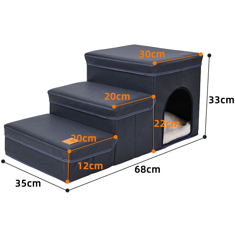 Foldable dog stairs with storage for small to medium breeds, featuring 3 levels and Oxford fabric. Includes built-in pet house and ideal for high beds.