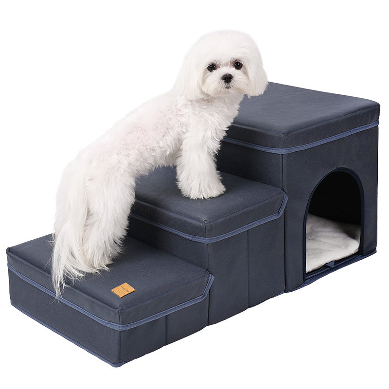 Foldable dog stairs with storage for small to medium breeds, featuring 3 levels and Oxford fabric. Includes built-in pet house and ideal for high beds.