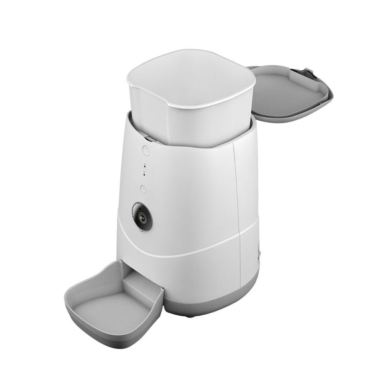 Pet smart feeder with built-in camera and USB power interface, ideal for remote pet feeding and monitoring. Features DC 5V 1A input and ≤2W power usage.