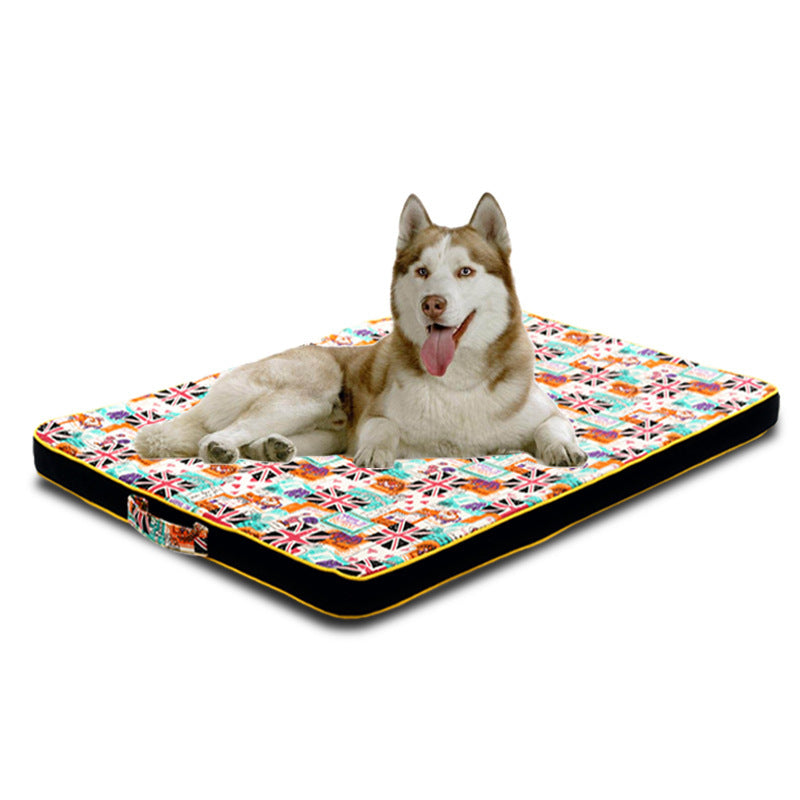 Thickened pet printing canvas dog bed mat with colorful flag pattern, featuring high-resilience liner and approx. 3.3cm thickness for comfort.