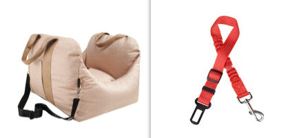 Pet Dog Car Carrier Seat Waterproof Basket in beige with two small white dogs seated inside, designed for safe and breathable pet travel.