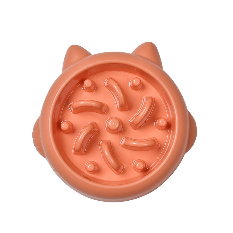 Pet Dog Cat Slow Feeder Bowls in pink, orange, and teal with anti-choking design for slow eating and bloat prevention at home.