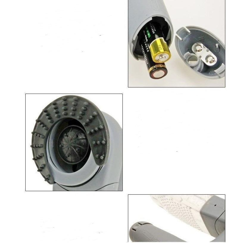 Electric pet hair remover device for cats and dogs with portable cordless design, shown in a modern living room with a golden retriever nearby.