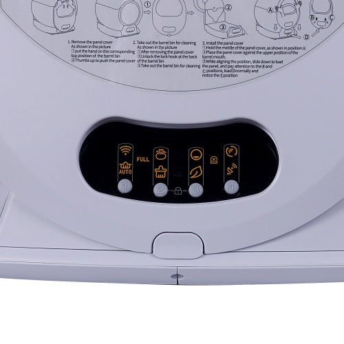 Self-cleaning litter box with automatic scooping and deodorization featuring a round design and digital control panel, shown with a cat inside.