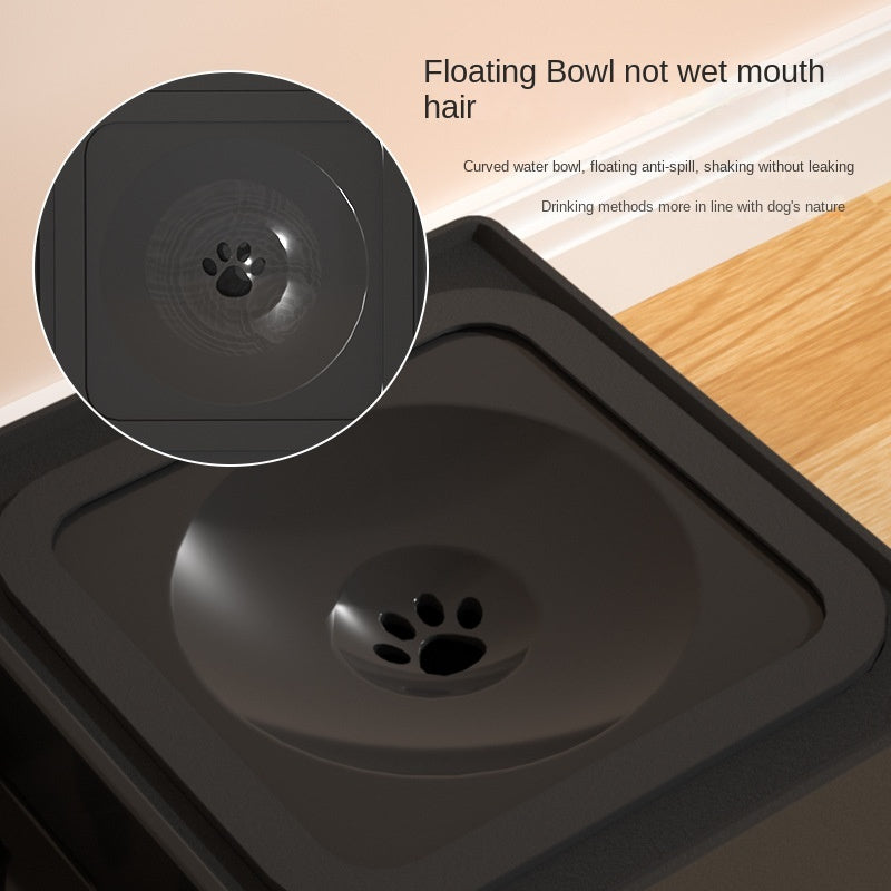 Adjustable height dog double bowls with stainless steel stand, ideal for feeding large dogs. Includes food and water dishes in a modern living room.
