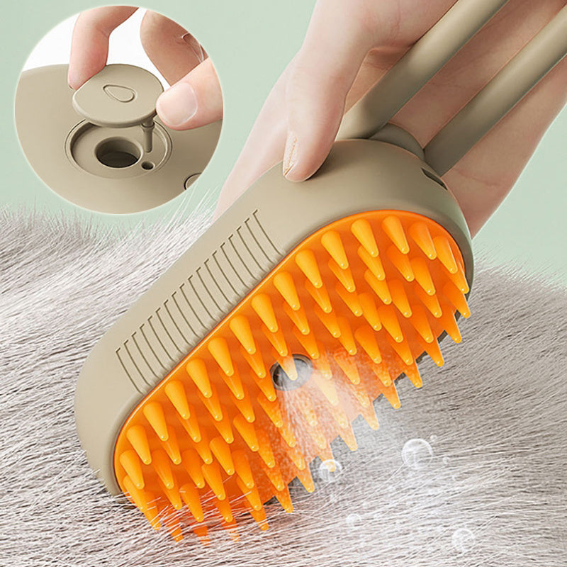 Cat Steam Brush Steamy Dog Brush 3 in 1 Electric Spray Cat Hair Brush shown grooming a gray tabby cat with massage and hair removal features.