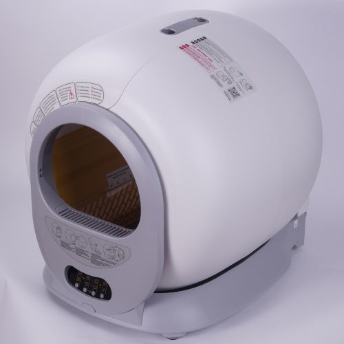 Self-cleaning litter box with automatic scooping and deodorization featuring a round design and digital control panel, shown with a cat inside.