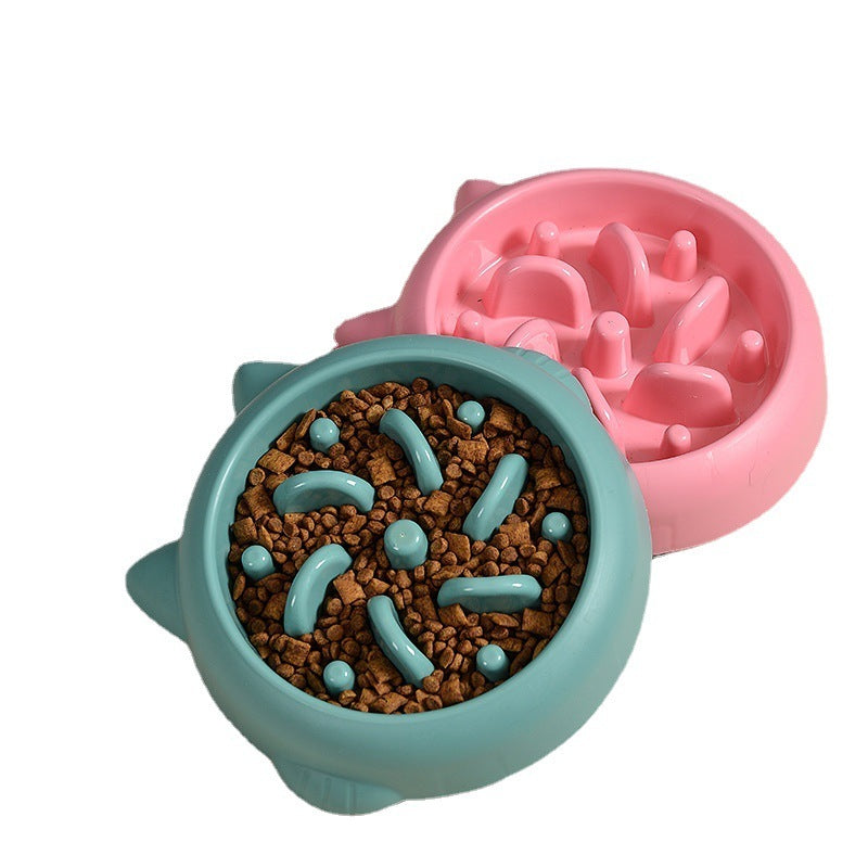 Pet Dog Cat Slow Feeder Bowls in pink, orange, and teal with anti-choking design for slow eating and bloat prevention at home.