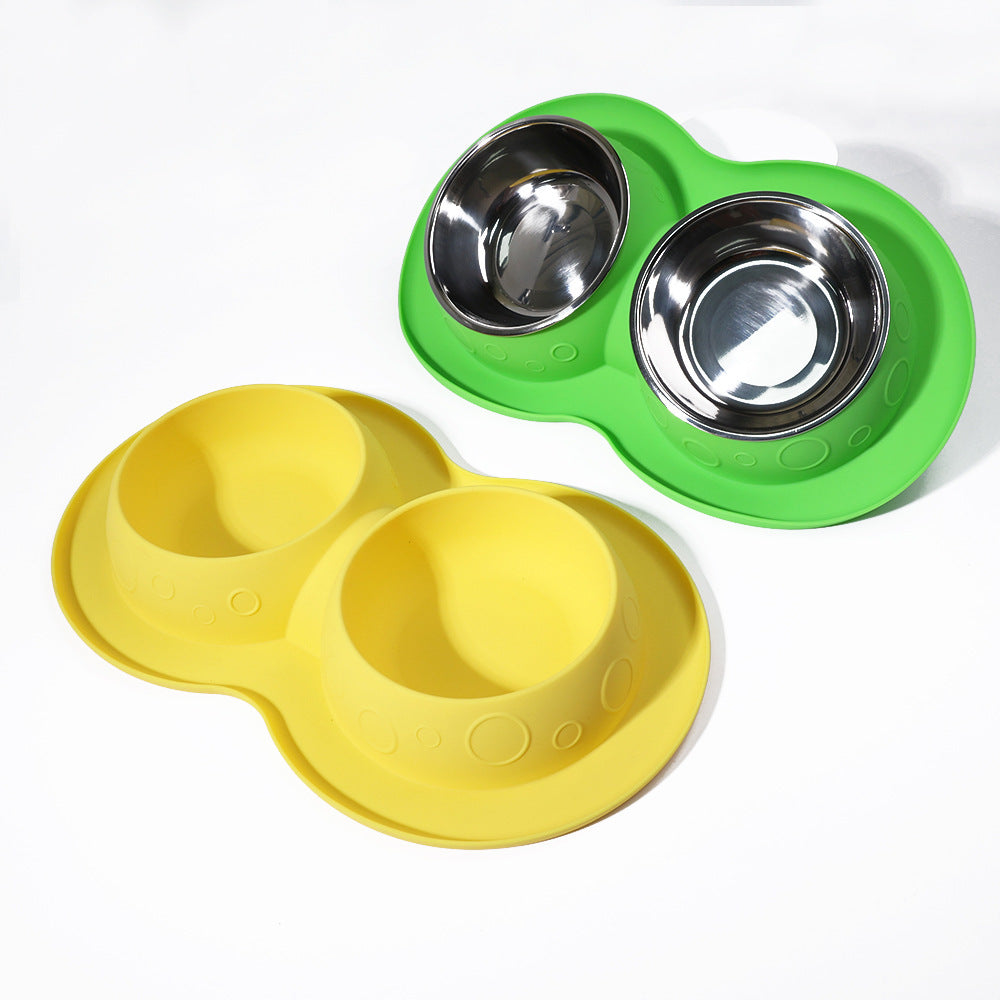 Pet Supplies Custom Non Slip Waterproof Silicone Water Food 2 In 1 mat pad with dual bowls in blue, shown with a cat and dog. Ideal for mess-free feeding.