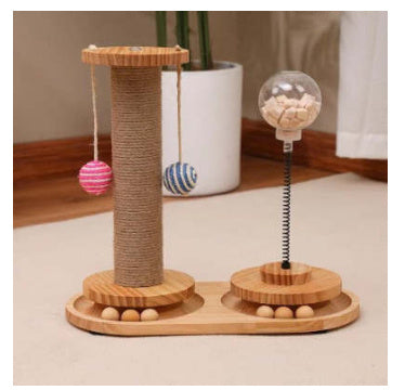Cat Treats Dispenser Toy with spring-mounted clear ball filled with treats, wooden base, and interactive design for cats and small dogs.