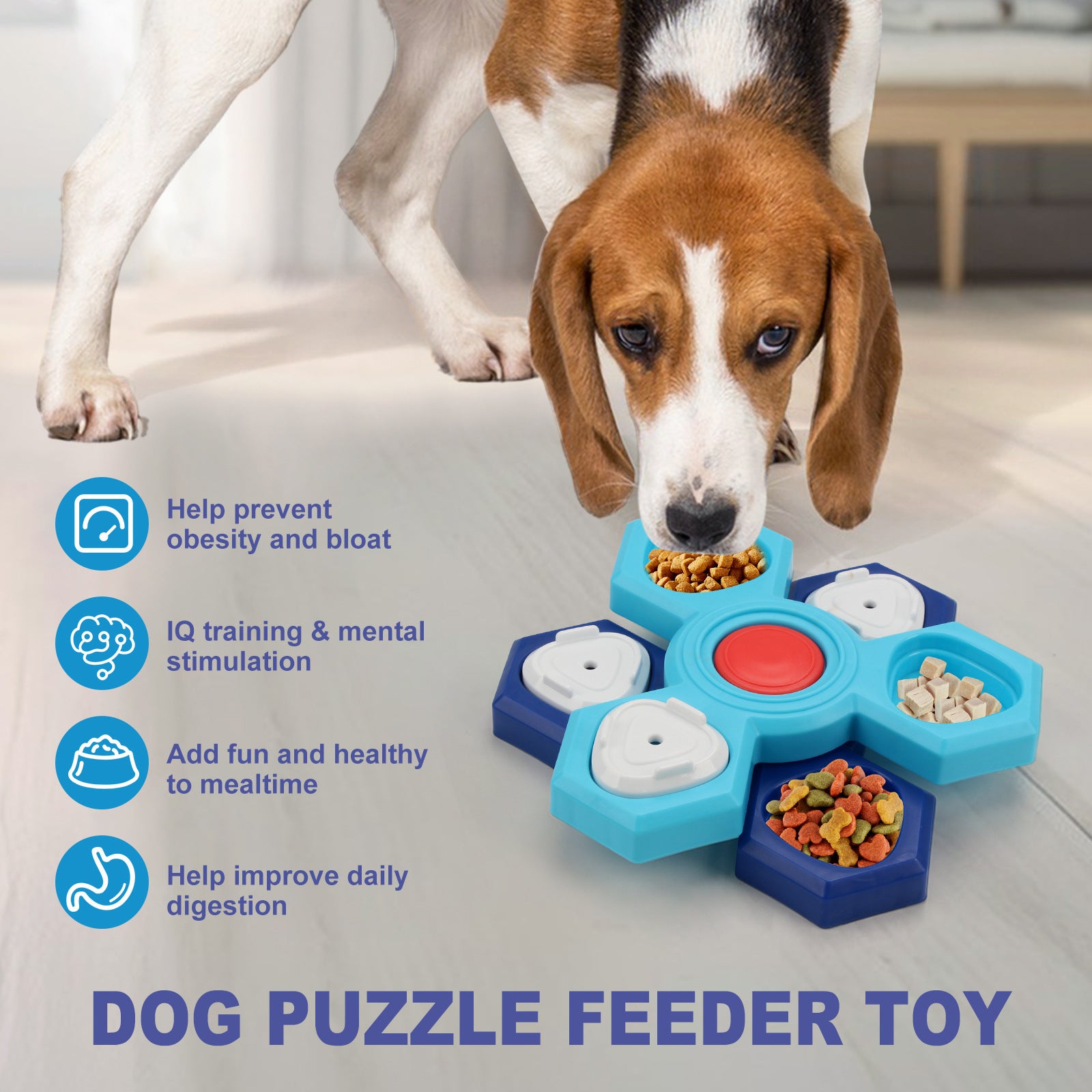 Beagle using 4 Layers Slow Feeder Puzzle Dog Bowl with rotating flower design for slow eating and mental stimulation. Helps prevent bloat and aids digestion.