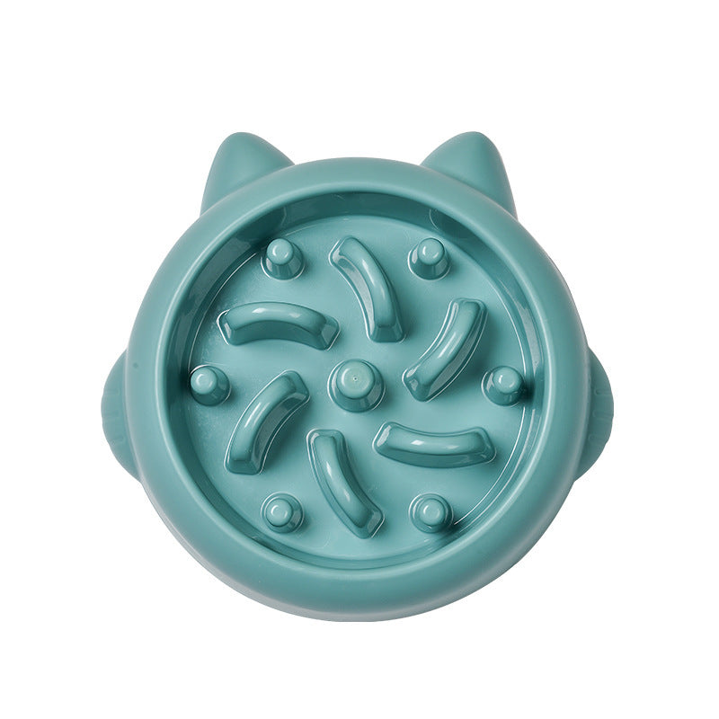 Pet Dog Cat Slow Feeder Bowls in pink, orange, and teal with anti-choking design for slow eating and bloat prevention at home.