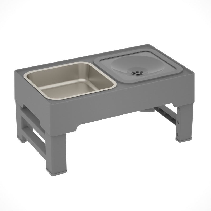 Adjustable height dog double bowls with stainless steel stand, ideal for feeding large dogs. Includes food and water dishes in a modern living room.