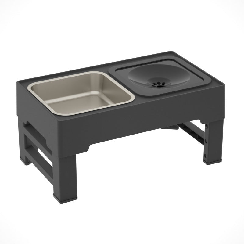 Adjustable height dog double bowls with stainless steel stand, ideal for feeding large dogs. Includes food and water dishes in a modern living room.