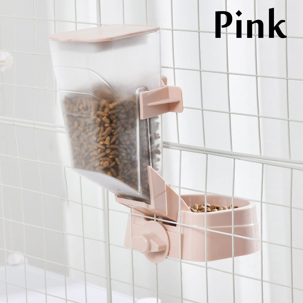 Blue suspended automatic feeder for cats and dogs mounted on a cage, featuring a transparent 2L container and bottom food tray.