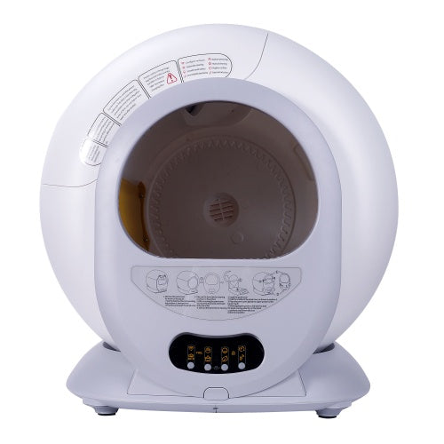 Self-cleaning litter box with automatic scooping and deodorization featuring a round design and digital control panel, shown with a cat inside.