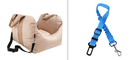 Pet Dog Car Carrier Seat Waterproof Basket in beige with two small white dogs seated inside, designed for safe and breathable pet travel.