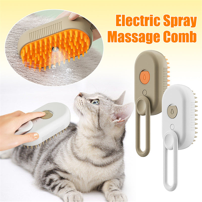 Cat Steam Brush Steamy Dog Brush 3 in 1 Electric Spray Cat Hair Brush shown grooming a gray tabby cat with massage and hair removal features.