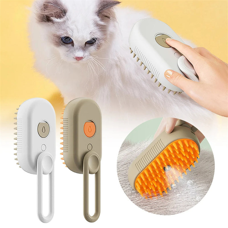 Cat Steam Brush Steamy Dog Brush 3 in 1 Electric Spray Cat Hair Brush shown grooming a gray tabby cat with massage and hair removal features.