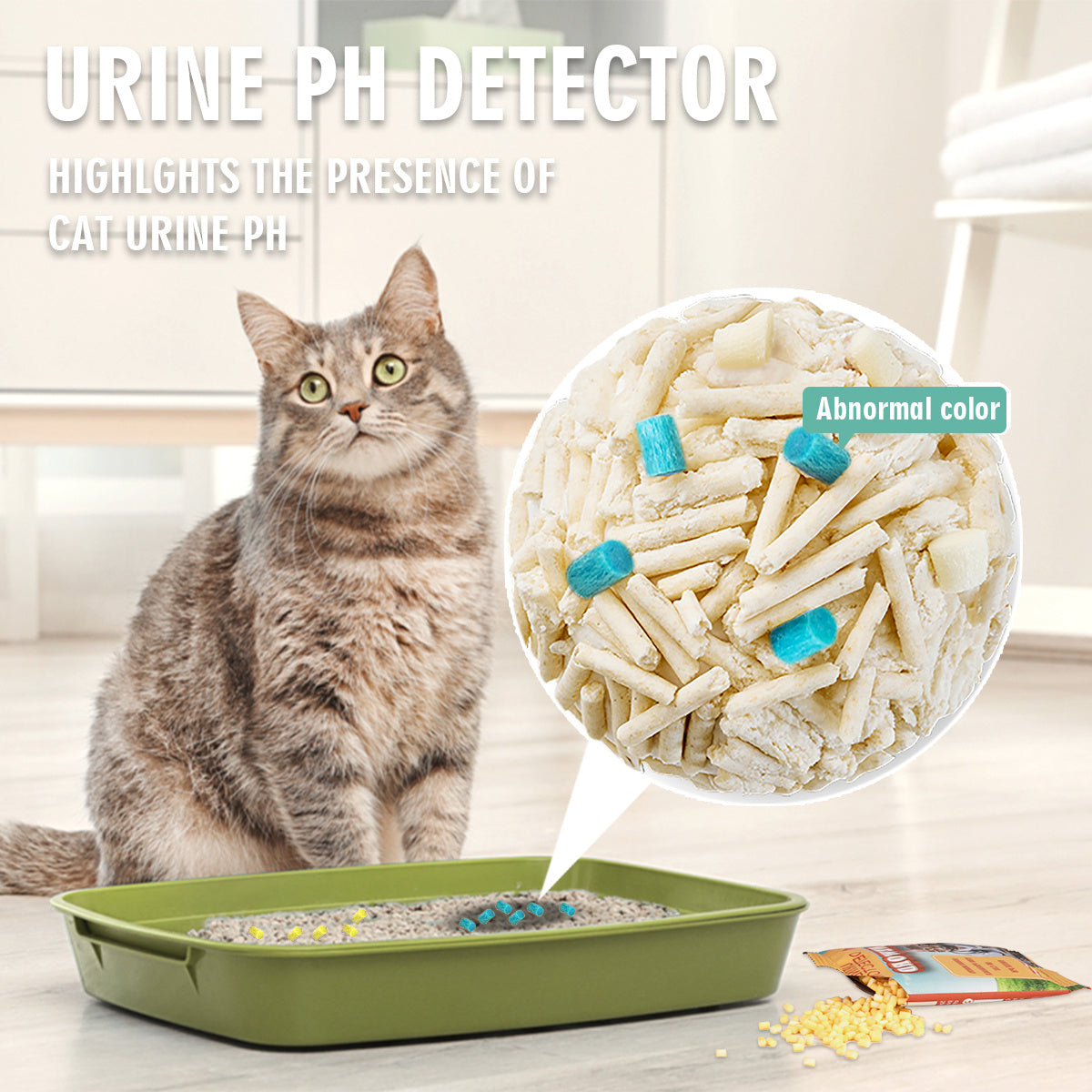 Cat Litter Self Checking Particles with urine pH detector showing abnormal color change. Ideal for monitoring cat health and simplifying litter cleanup.