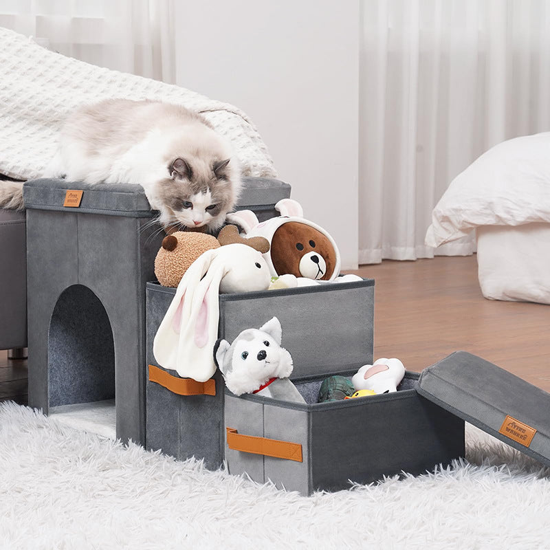 Foldable Pet Storage Stairs Dog Steps Ladder in gray with 3-step zipper design, used by a cat and filled with plush toys in a cozy bedroom setting.