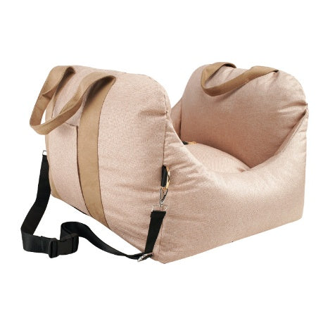 Pet Dog Car Carrier Seat Waterproof Basket in beige with two small white dogs seated inside, designed for safe and breathable pet travel.