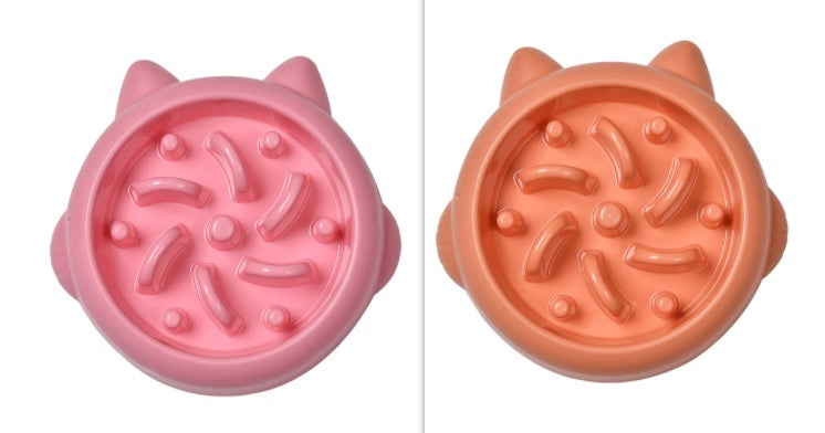 Pet Dog Cat Slow Feeder Bowls in pink, orange, and teal with anti-choking design for slow eating and bloat prevention at home.