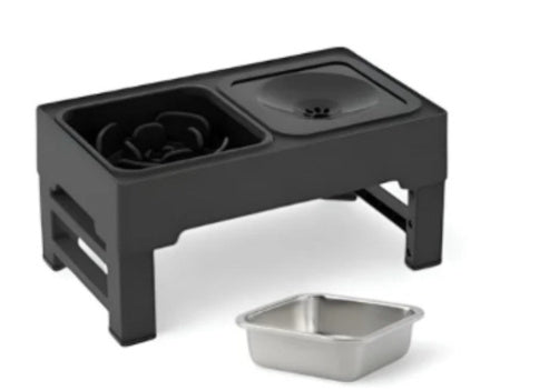 Adjustable height dog double bowls with stainless steel stand, ideal for feeding large dogs. Includes food and water dishes in a modern living room.