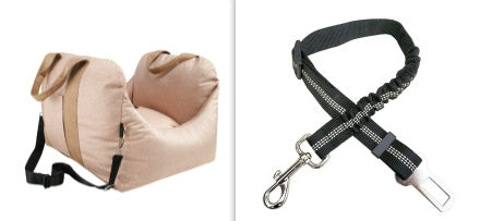 Pet Dog Car Carrier Seat Waterproof Basket in beige with two small white dogs seated inside, designed for safe and breathable pet travel.