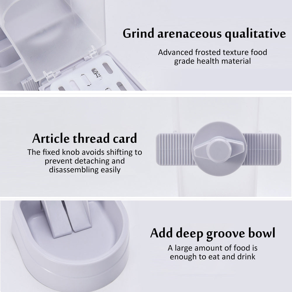 Blue suspended automatic feeder for cats and dogs mounted on a cage, featuring a transparent 2L container and bottom food tray.