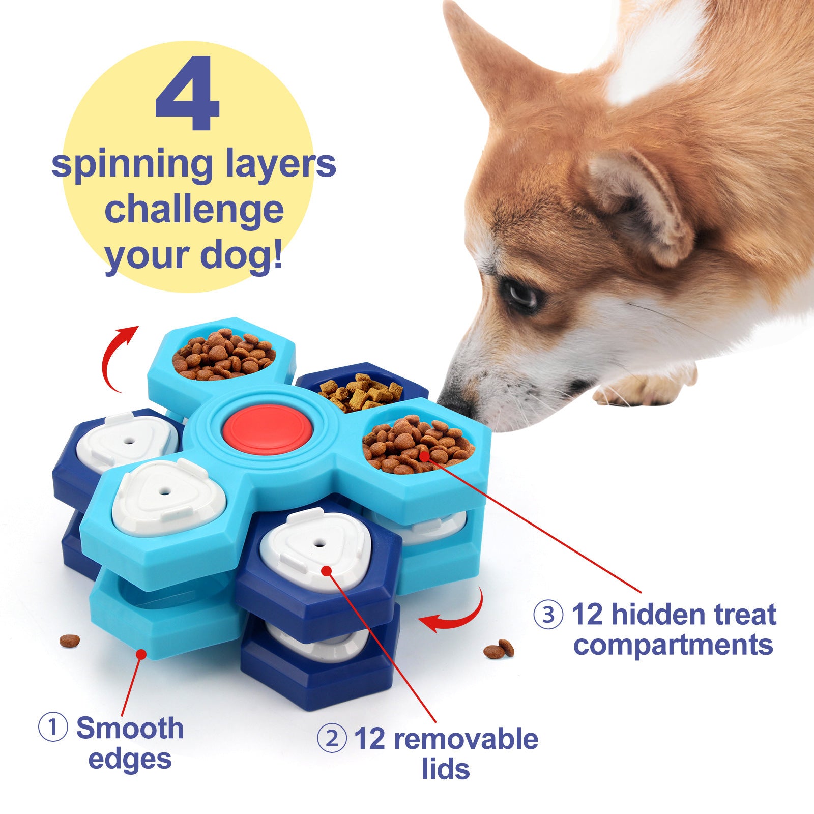 Beagle using 4 Layers Slow Feeder Puzzle Dog Bowl with rotating flower design for slow eating and mental stimulation. Helps prevent bloat and aids digestion.