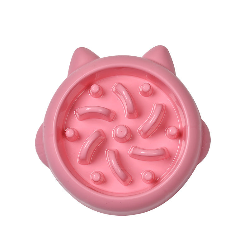 Pet Dog Cat Slow Feeder Bowls in pink, orange, and teal with anti-choking design for slow eating and bloat prevention at home.