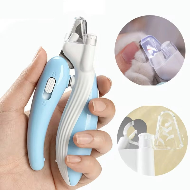 Pet nail clippers with LED light for dogs and cats, featuring ergonomic handle and safety guard for precise trimming of small pet claws.