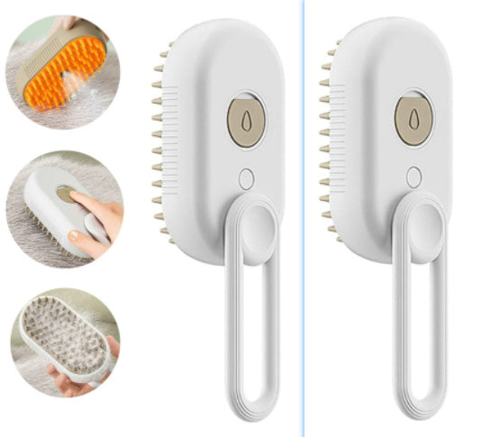 Cat Steam Brush Steamy Dog Brush 3 in 1 Electric Spray Cat Hair Brush shown grooming a gray tabby cat with massage and hair removal features.