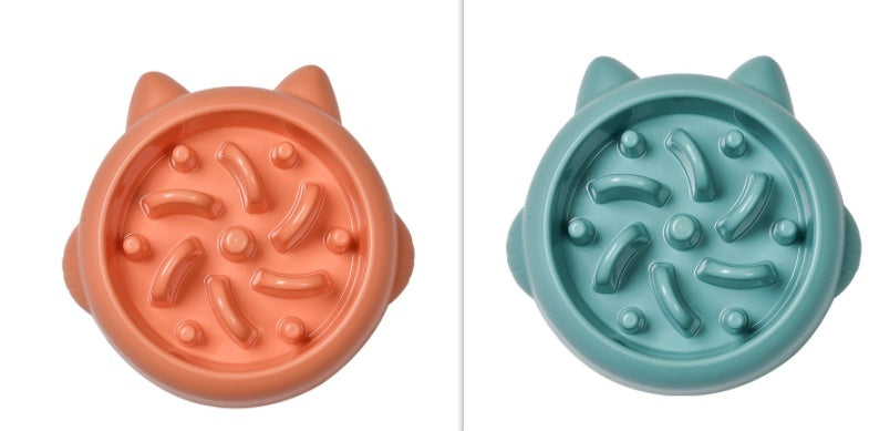 Pet Dog Cat Slow Feeder Bowls in pink, orange, and teal with anti-choking design for slow eating and bloat prevention at home.