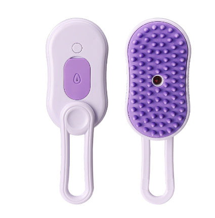 Cat Steam Brush Steamy Dog Brush 3 in 1 Electric Spray Cat Hair Brush shown grooming a gray tabby cat with massage and hair removal features.