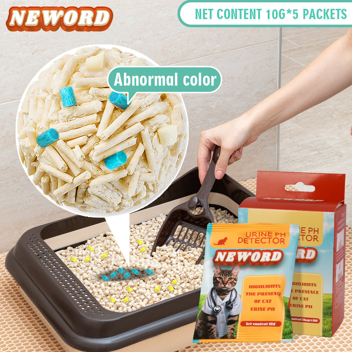 Cat Litter Self Checking Particles with urine pH detector showing abnormal color change. Ideal for monitoring cat health and simplifying litter cleanup.