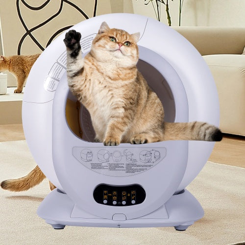 Self-cleaning litter box with automatic scooping and deodorization featuring a round design and digital control panel, shown with a cat inside.