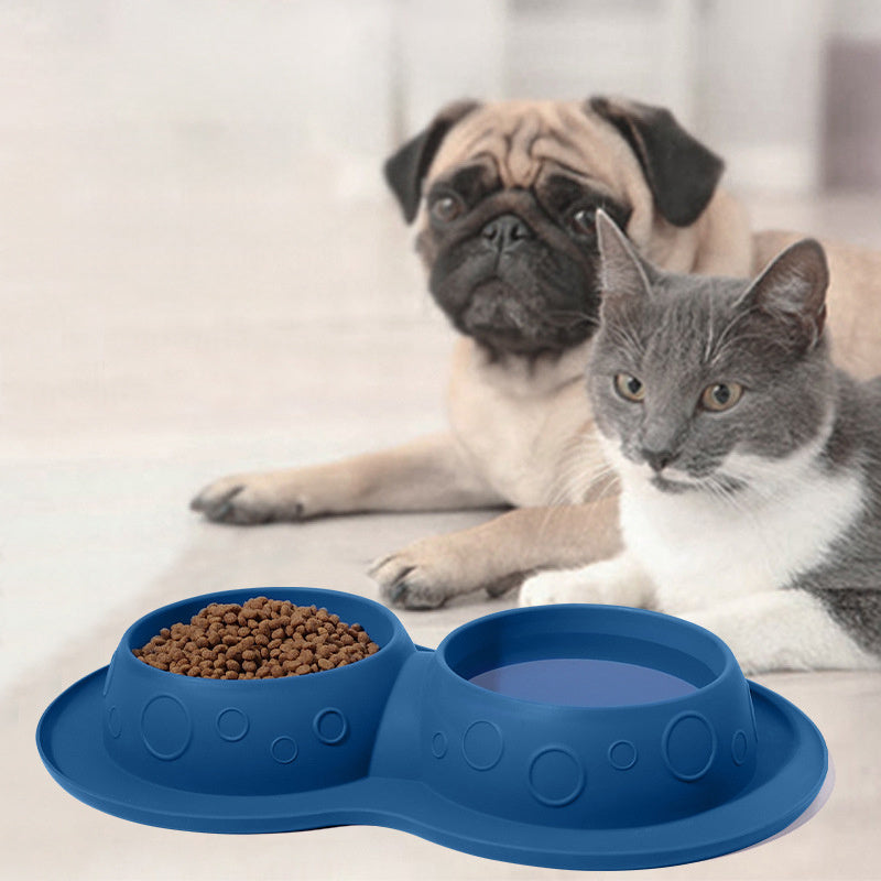 Pet Supplies Custom Non Slip Waterproof Silicone Water Food 2 In 1 mat pad with dual bowls in blue, shown with a cat and dog. Ideal for mess-free feeding.